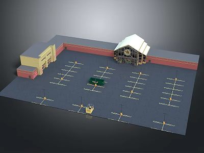 Cartoon Scene Of Parking Lot With Buildings Parking Spaces Small Green Area And Lampposts 3d model