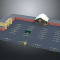Cartoon Scene Of Parking Lot With Buildings Parking Spaces Small Green Area And Lampposts