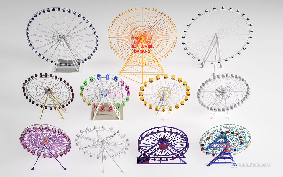 Kids Playground With Various Colorful Ferris Wheels In Different Fun Designs 3d model 