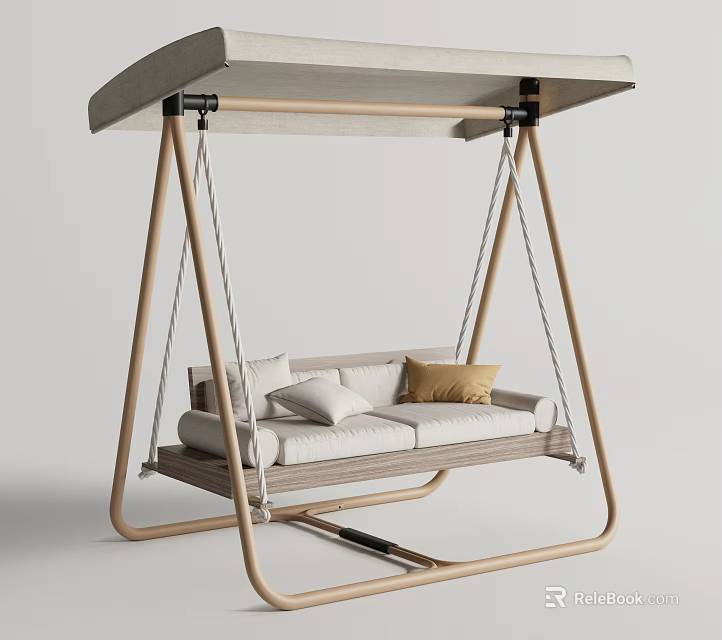 Modern Hanging Swing Chair with Wooden Frame Canopy and Comfortable Sofa Cushions 3d model 