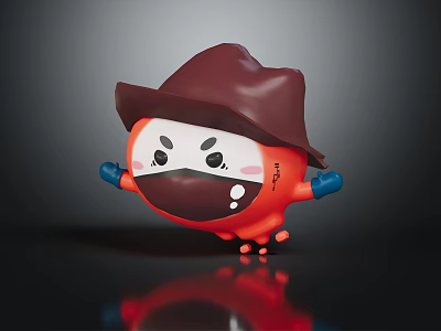 Cute Red Anthropomorphic Cartoon Character With Brown Cowboy Hat And Blue Gloves 3d model