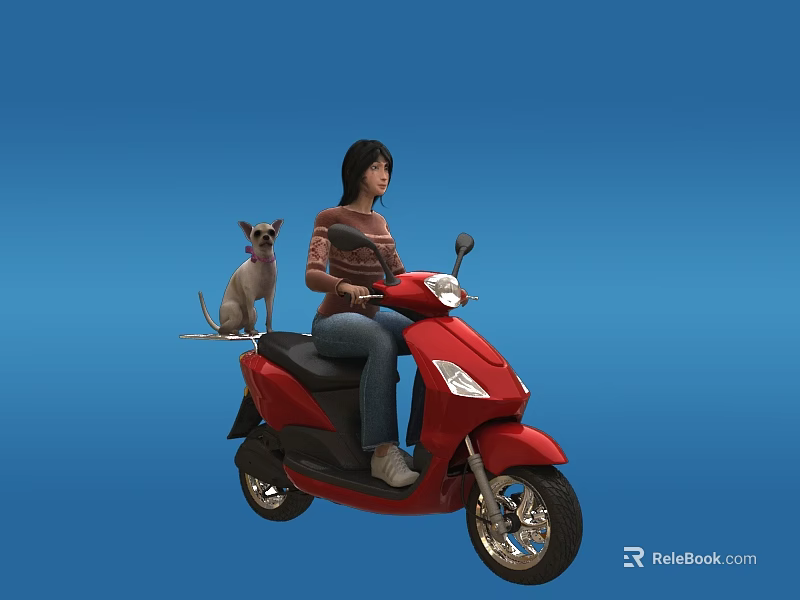 Woman Joyfully Riding Red Scooter With Small Dog On Back Seat 3d model 
