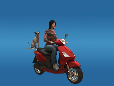 Woman Joyfully Riding Red Scooter With Small Dog On Back Seat 3d model