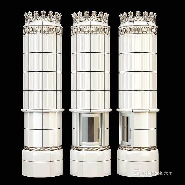 White Tiled Column Like Fireplaces With Ornamental Details 3d model