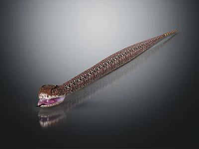 Slithering Long Brown Snake With Purple Tongue And Shiny Body On Reflective Surface 3d model