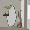 Modern Decorative Mirror with Wicker Shelf Potted Fern Plant and Clothes Rack in Minimalist Interior