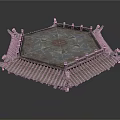 Traditional Chinese Pavilion With Hexagonal Tiled Roof Ornate Eaves And Central Painted Circular Design