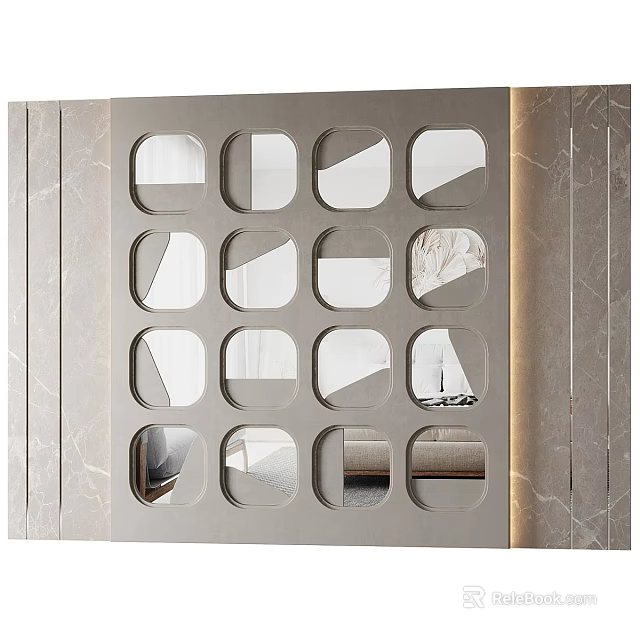Modern Decorative Wall Panel With Square Cutouts Mirrored Inserts And Marble Texture 3d model 