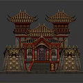 Cartoon Scene Featuring Chinese Traditional Architecture With Golden Red Towers Decorative Roofs And Steps