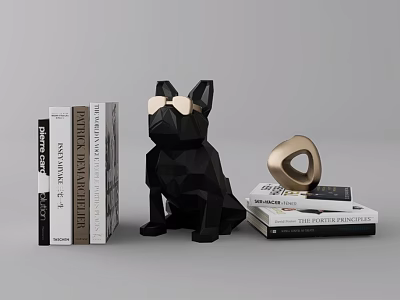 Decorative Ornament Set With Black Geometric Dog Figurine Golden Glasses Books And Golden Ring Ornament 3d model