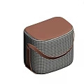 Black and White Houndstooth Stool With Brown Leather Top On Wooden Floor
