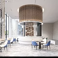 Modern Bar Featuring Green Blue Chairs Circular Wooden Light And City View Through Large Windows