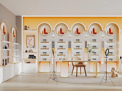 Modern Boutique Interior Design Featuring Arched Display Shelves Central Table And Product Displays 3d model