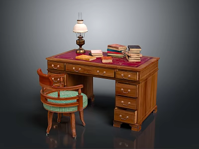 Wooden Writing Desk With Vintage Table Lamp Stack Of Books And Green Cushion Chair 3d model