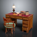 Wooden Writing Desk With Vintage Table Lamp Stack Of Books And Green Cushion Chair