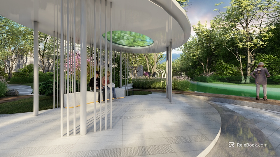 Modern Garden Landscape With White Curved Structure Gray Paving Green Trees And Lawn 3d model 