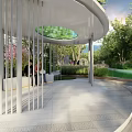 Modern Garden Landscape With White Curved Structure Gray Paving Green Trees And Lawn