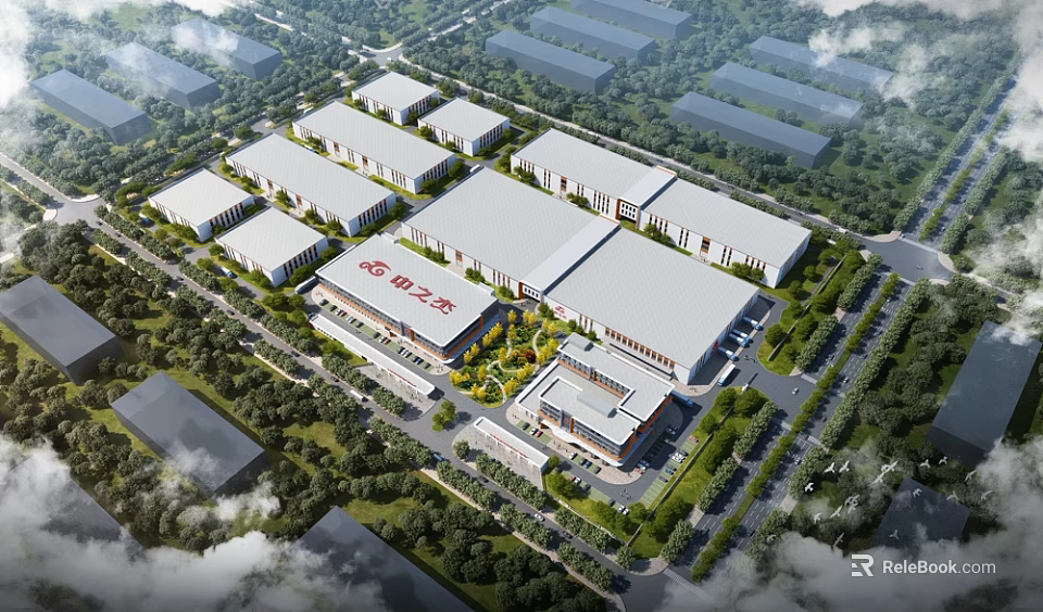 Aerial View Of Modern Industrial Factory Complex With Multiple Warehouse Buildings Green Areas And Road Network 3d model 