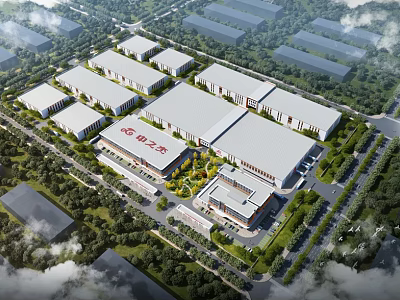 Aerial View Of Modern Industrial Factory Complex With Multiple Warehouse Buildings Green Areas And Road Network 3d model