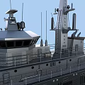 Modern Military Warship With Dark Hull Navigation Tower Antennas And Metal Deck