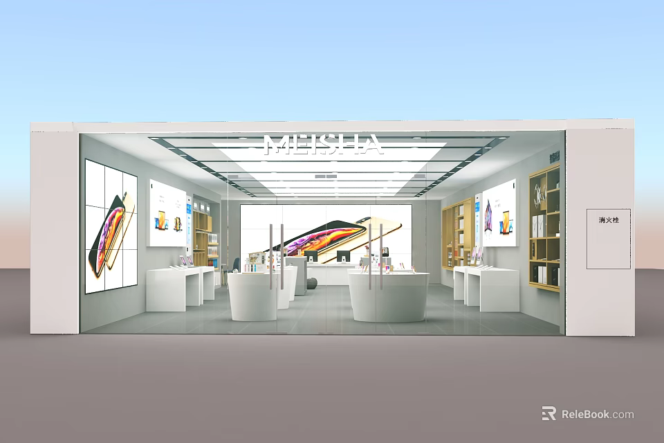MELOLA Mall Store Modern Interior With White Display Counters Colorful Posters And Product Shelves 3d model 