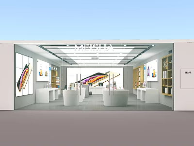 MELOLA Mall Store Modern Interior With White Display Counters Colorful Posters And Product Shelves 3d model