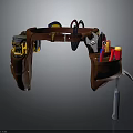 Brown Leather Tool Belt With Multiple Pockets Carrying Tape Measure Scissors Pencils And Hammer