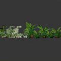 Cartoon Scene Featuring Various 3D Modeled Green Potted Plants With Lush Foliage