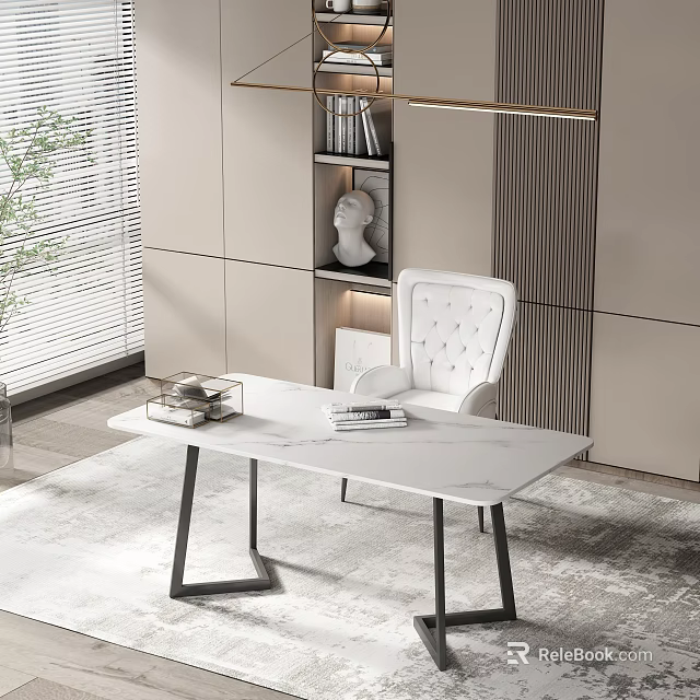 Modern White Desk With Marble Top Black Metal Legs Books White Chair And Bookshelf Sculpture 3d model 