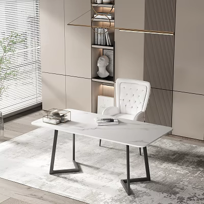 Modern White Desk With Marble Top Black Metal Legs Books White Chair And Bookshelf Sculpture 3d model