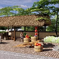 Rural Landscape Featuring Thatched Roof Pavilion Person Sitting By Wooden Barrels With Fruits And Trees