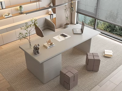 Modern Stylish Home Desk With Laptop Tablet Books Decor Cube Stools Potted Plant And Window 3d model