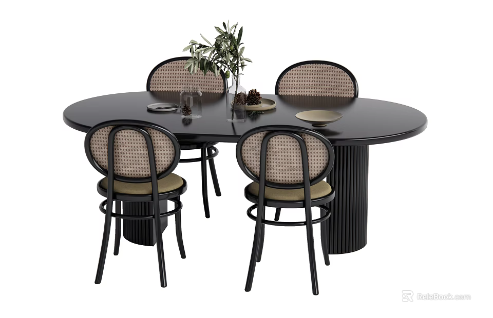 Black Round Dining Table Set With Rattan Backrest Chairs And Green Plant Centerpiece 3d model 