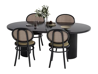 Black Round Dining Table Set With Rattan Backrest Chairs And Green Plant Centerpiece 3d model