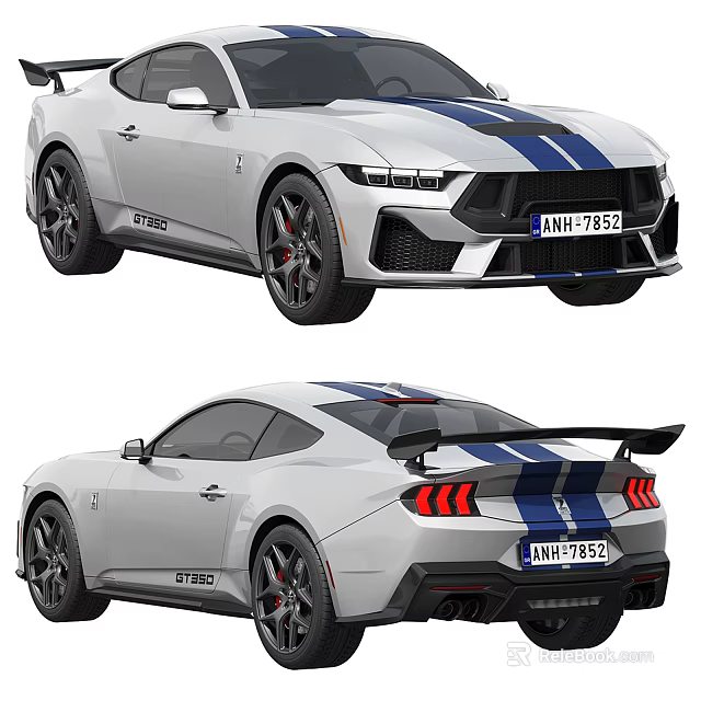 Ford Mustang GT500 White Sports Car With Blue Stripes Black Wheels And Red Brake Calipers 3d model 