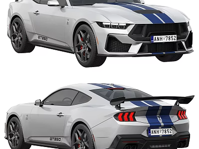 Ford Mustang GT500 White Sports Car With Blue Stripes Black Wheels And Red Brake Calipers 3d model