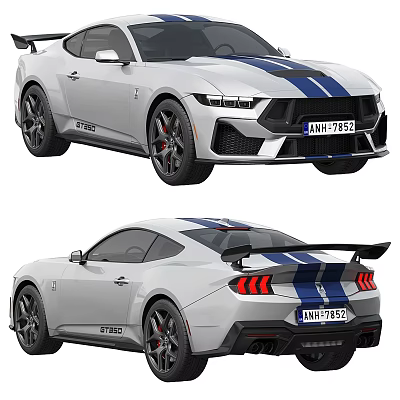 Ford Mustang GT500 White Sports Car With Blue Stripes Black Wheels And Red Brake Calipers 3d model