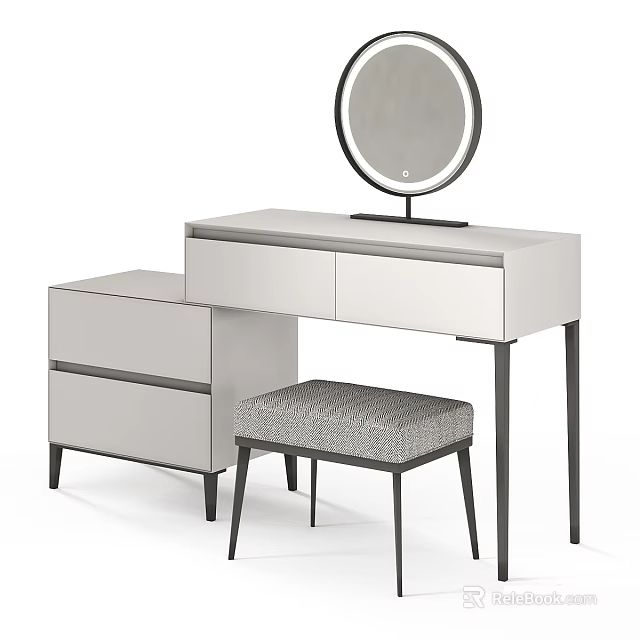 Modern Dressing Table With Round Mirror Side Cabinet And Padded Stool 3d model