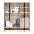 Wooden Shelf Unit With Multiple Shelves Decorative Items Photo Frames And Potted Plants