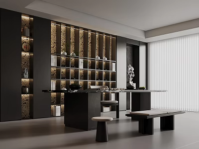 Modern Tea Room Interior With Wooden Display Shelves And Tea Sets On Table 3d model