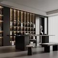 Modern Tea Room Interior With Wooden Display Shelves And Tea Sets On Table