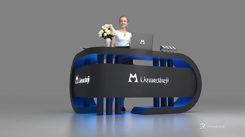 Modern Reception Desk With Lienusdesign Logo Blue Lighting Laptop And Flower Bouquet 3d model 
