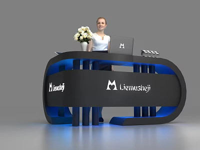 Modern Reception Desk With Lienusdesign Logo Blue Lighting Laptop And Flower Bouquet 3d model