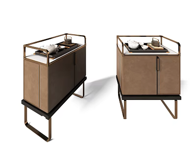 Elegant Modern Sideboard With Leather Finish Metal Frame And Tea Sets On Top 3d model