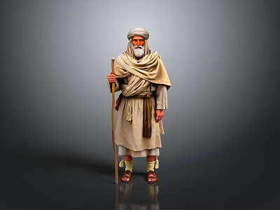 Elderly Man Standing in Traditional Clothing Holding Walking Stick Against Gray Background 3d model