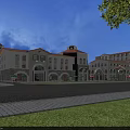 European Style Commercial Street Evening View with Arches Buildings Lawn Stone Pavement and Warm Lighting
