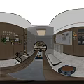 Modern Public Office Space Design With Wooden Walls Round Mirror And Green Plants