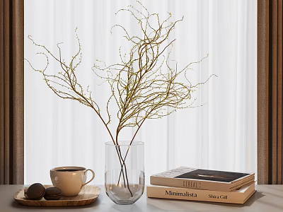 Twig Like Aquatic Plants In Clear Glass Vase On Table With Coffee And Books 3d model