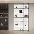 Modern Dark And White Bookcase With Glass Doors Open Shelves And Decorative Items