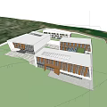 Modern Contemporary Building With Wooden Exterior Large Glass Windows Sloped Roof Green Lawn Blue Sky